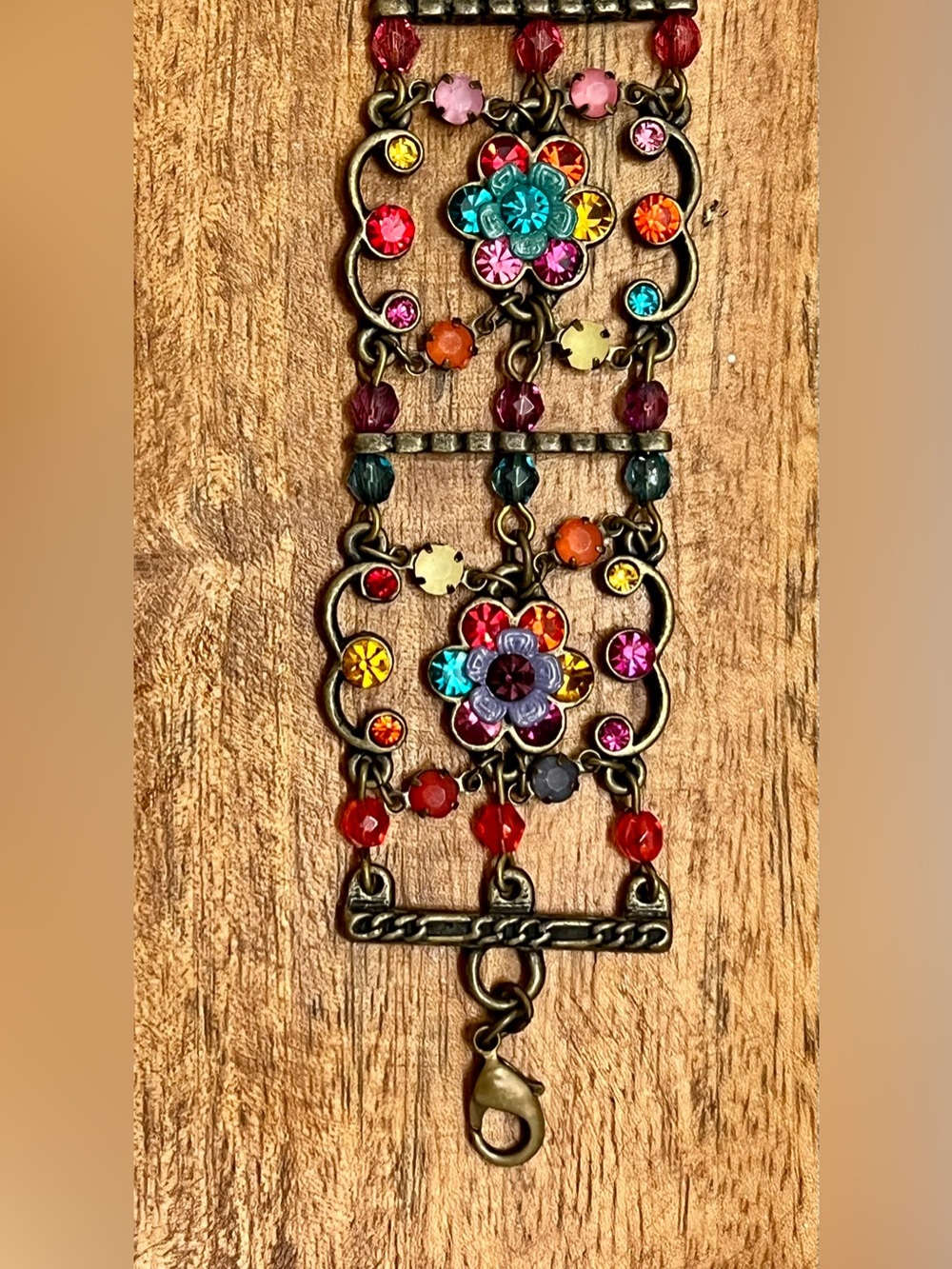 Vintage Ornate Rhinestone Bracelet Bronze Art Nouveau Jewelry Bright Colorful - Picture 3 of 7